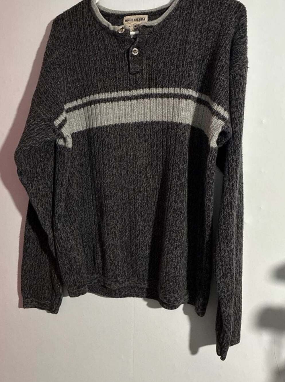 Vintage High Sierra Men's Grey Striped Ramie Cotton Henley Knit Sweater